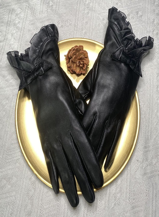 HELIDA Winter Fashion Gloves for Women Genuine Sheepskin Leather Warm Cashmere Lining Lace Bow Design Touchscreen Windproof Driving Gloves - Image 2